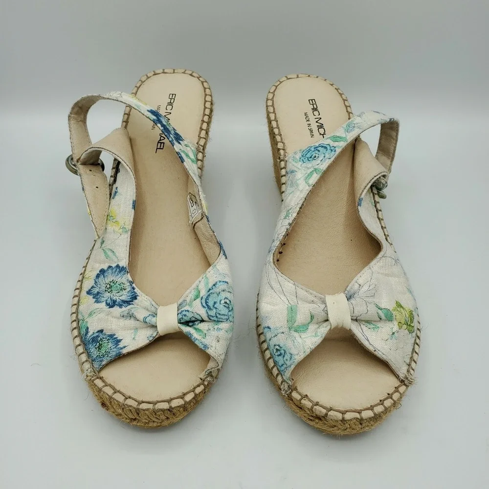 Eric Michael Espadrille‎ Womens 9.5-10 Sandal Linen Block Open Toe Floral EUR 40